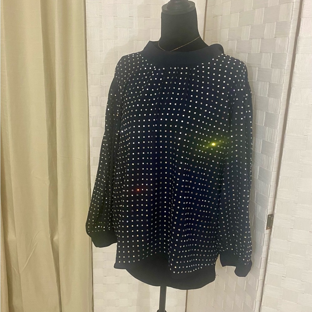 Ann Taylor Navy Long Sleeve Jeweled Top